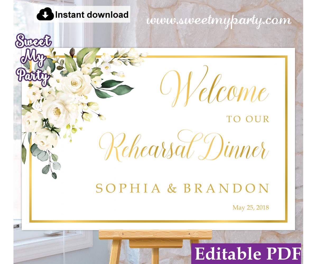 Ivory Flowers Rehearsal Dinner welcome sign template,Rehearsal Dinner welcome sign,(123a)